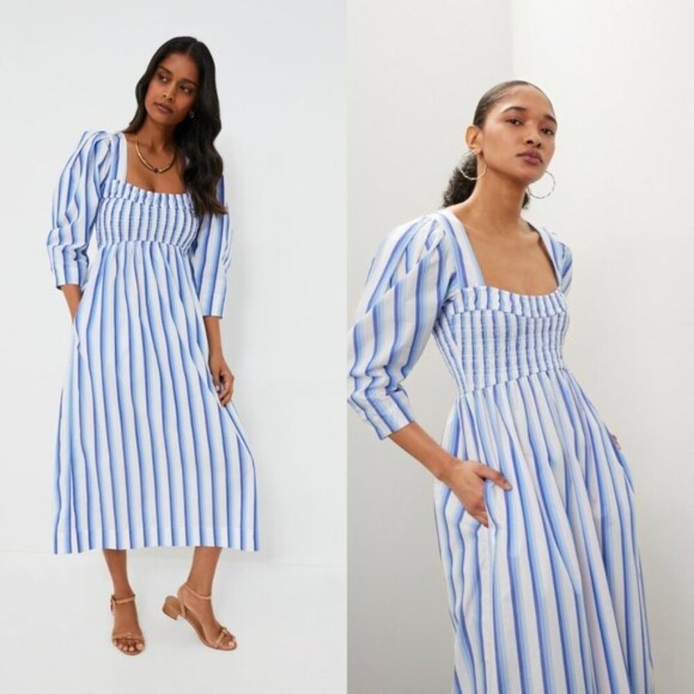 Coastal Blue Stripe Midi Dress Puff Sleeve Smocked Summer GANNI NWT - Picture 3 of 12